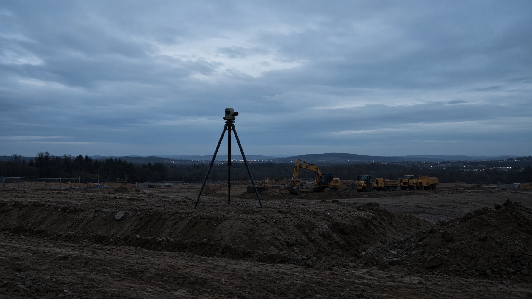 Survey tripod on a quiet UK construction site at dusk