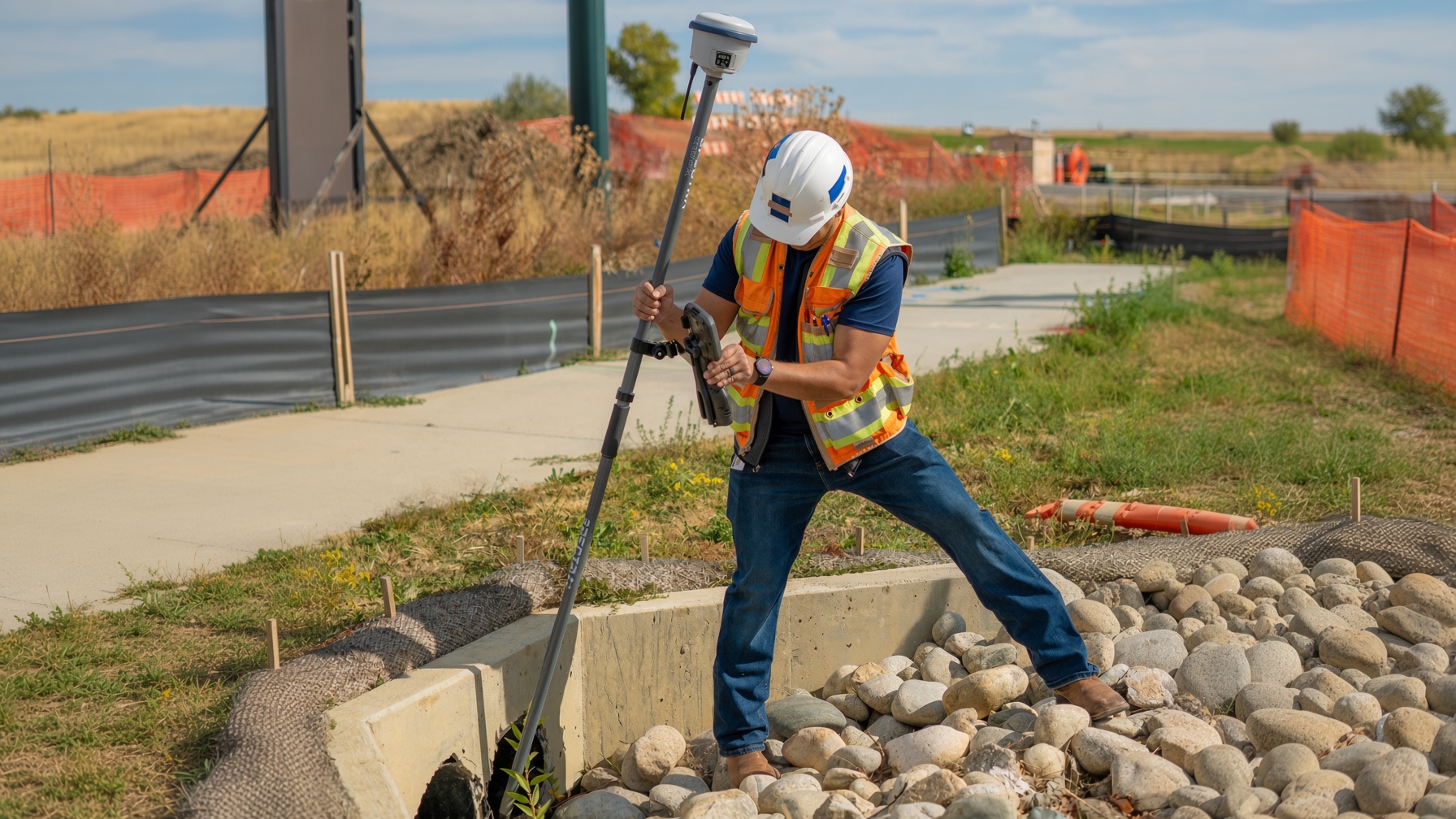 GNSS rover on a carbon fibre pole on a construction site