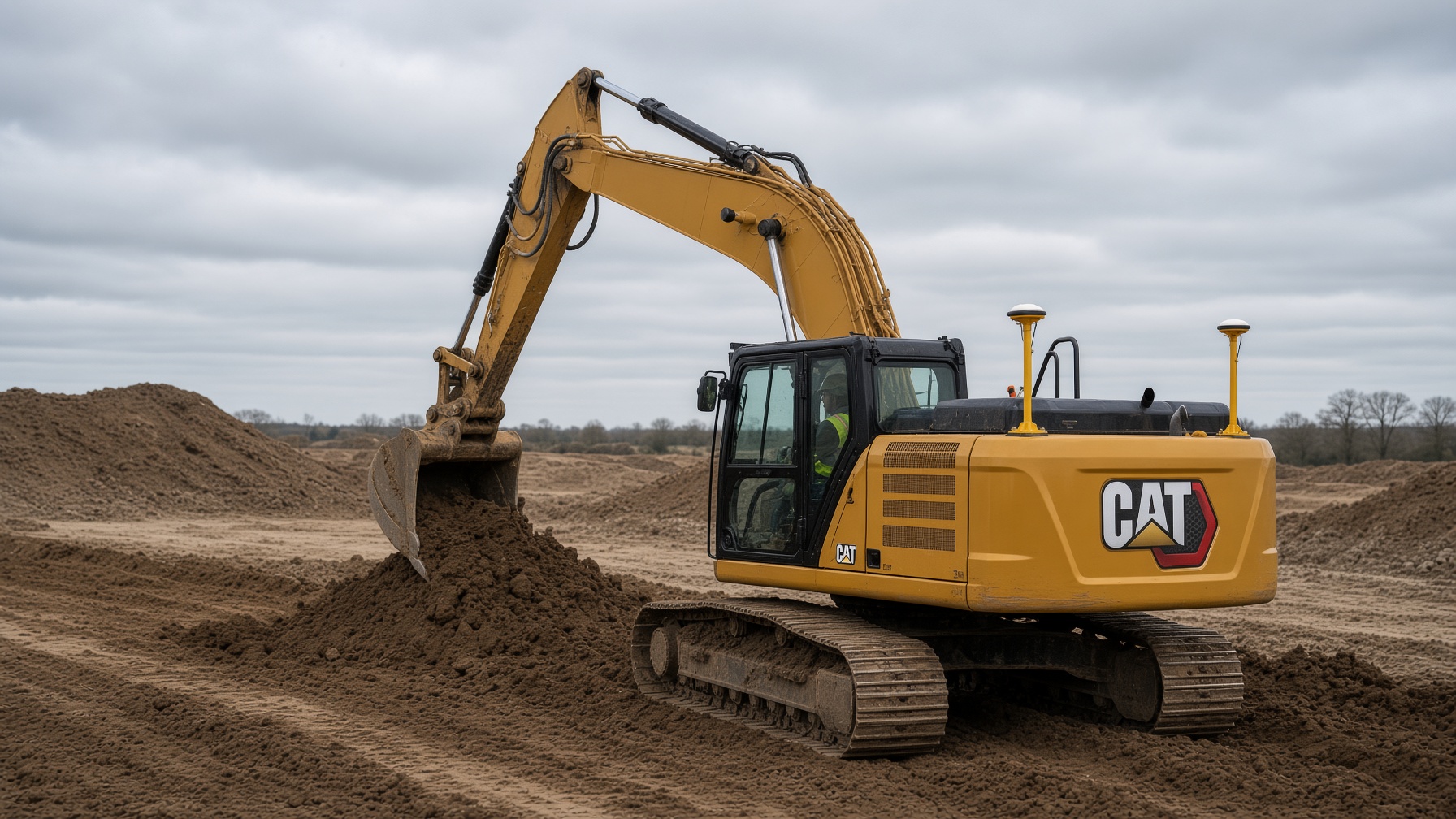 Excavator with dual GNSS masts grading a formation