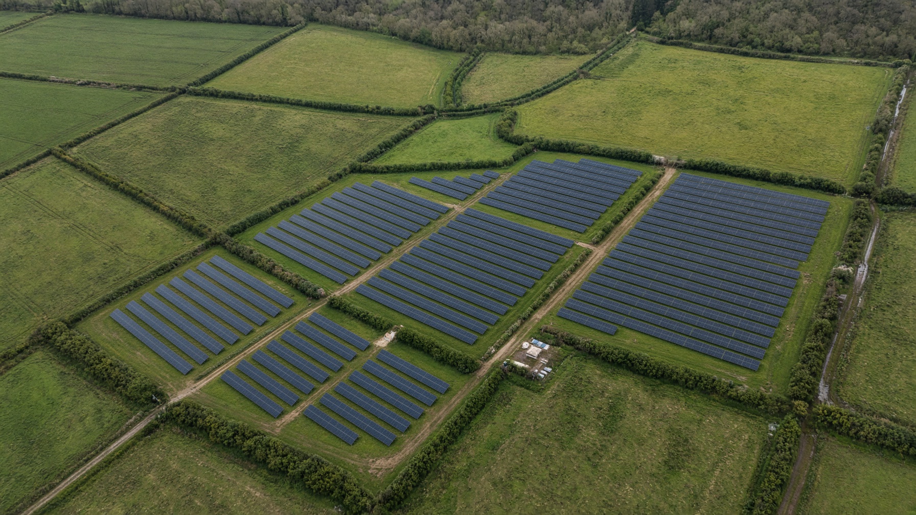 Aerial view of a solar installation on English farmland